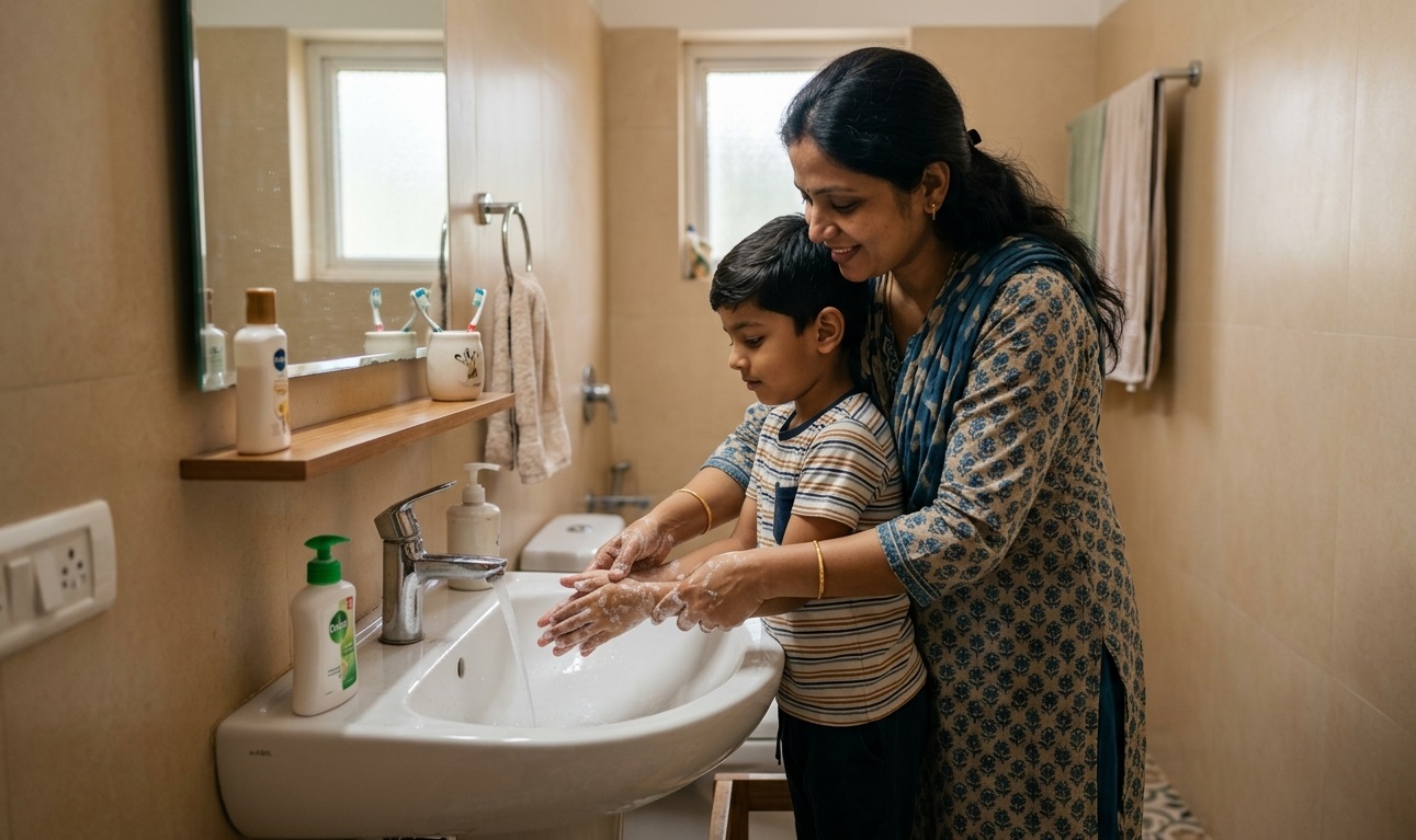 Indian mother teaching her child at home using Able Marga curriculum