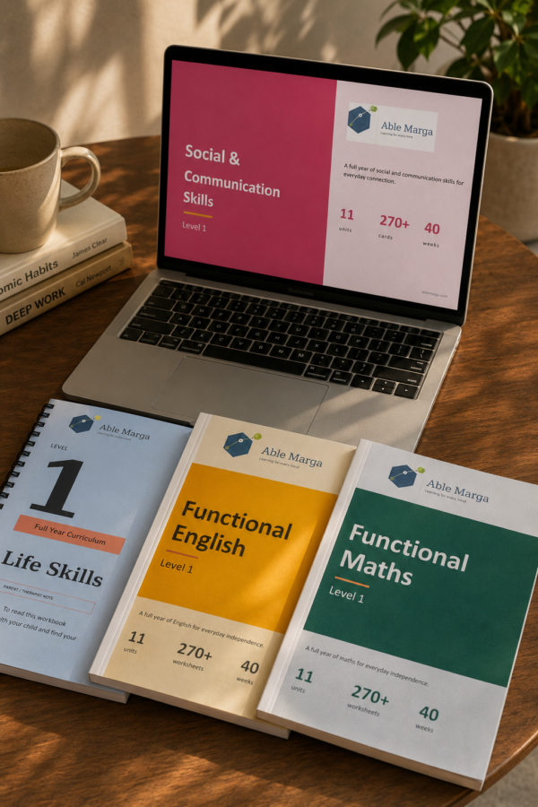 Able Marga Level 1 four-subject curriculum bundle with Life Skills, Functional Maths, Functional English and Social and Communication Skills